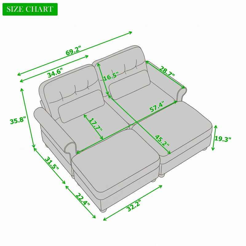 Canapé d'angle deux places avec 2 poufs, Green