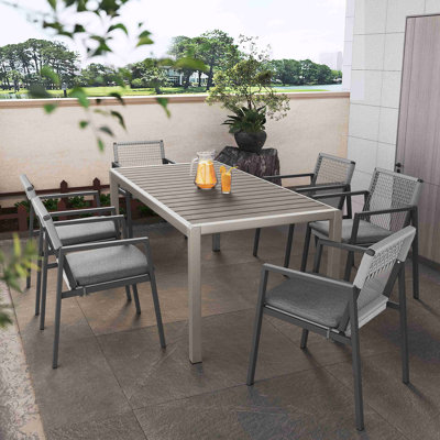 Ensemble de salle à manger d'extérieur, ensemble de 6 chaises en aluminium avec corde et table en aluminium avec plateau en faux bois et noir