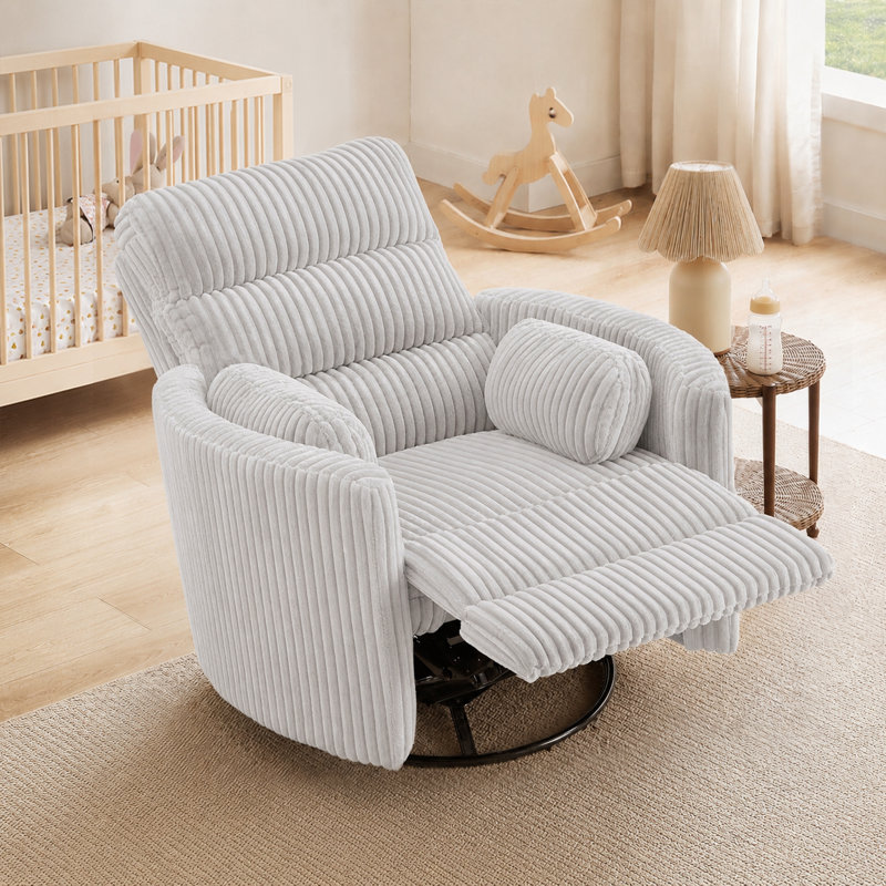 Fauteuil inclinable en velours côtelé de 40 po de largeur avec moteur double et appui-tête, chaise de chambre de bébé moderne pivotante et berçante, gris clair