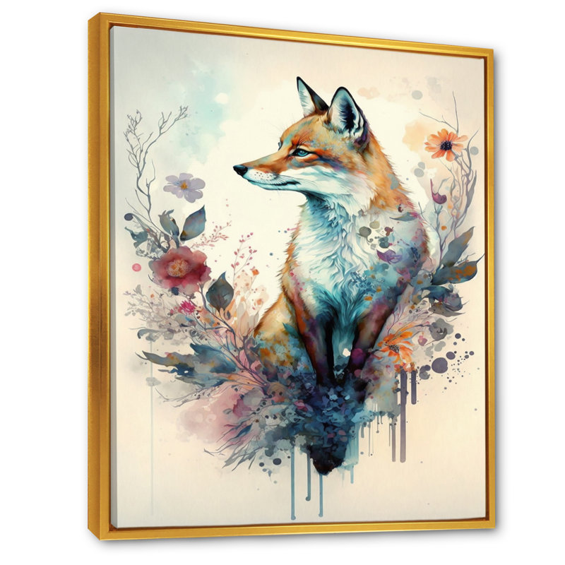 Mignon renard, art floral III - Renard, art mural, Cadre flottant doré, H 20 po x l 12 po x P 1 po