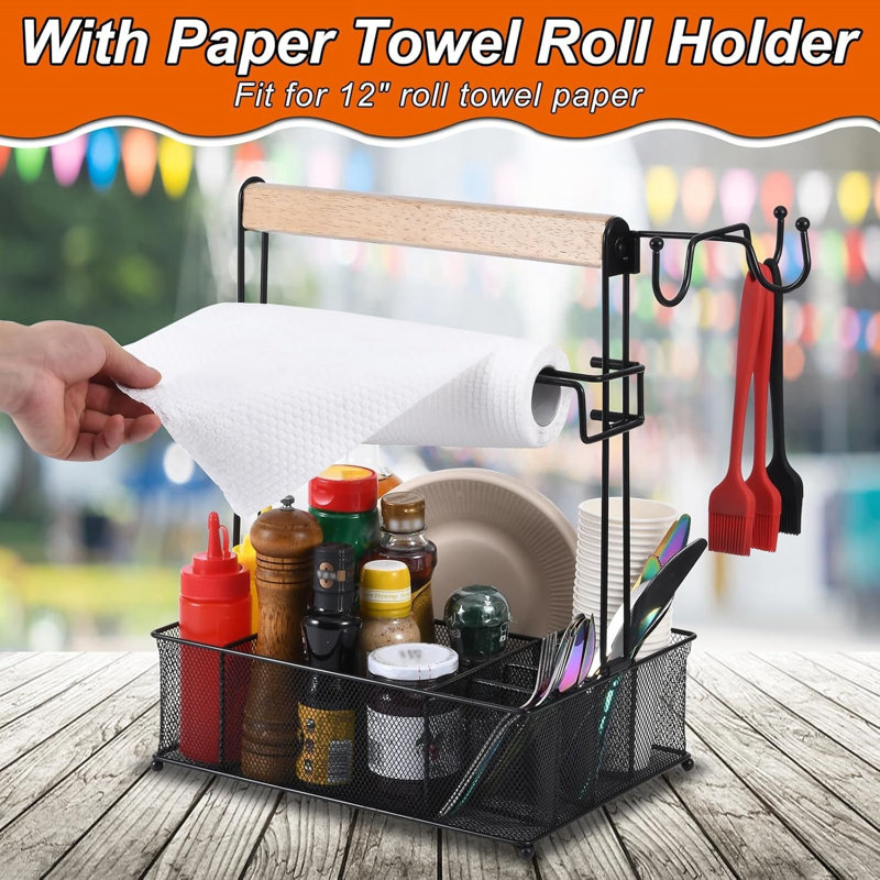 Barbecue barbecue, support de rangement pour barbecue pique-nique pour le camping Panier en maille avec 3 crochets et porte-serviettes en papier, outil de rangement de bureau idéal pour les camping-car