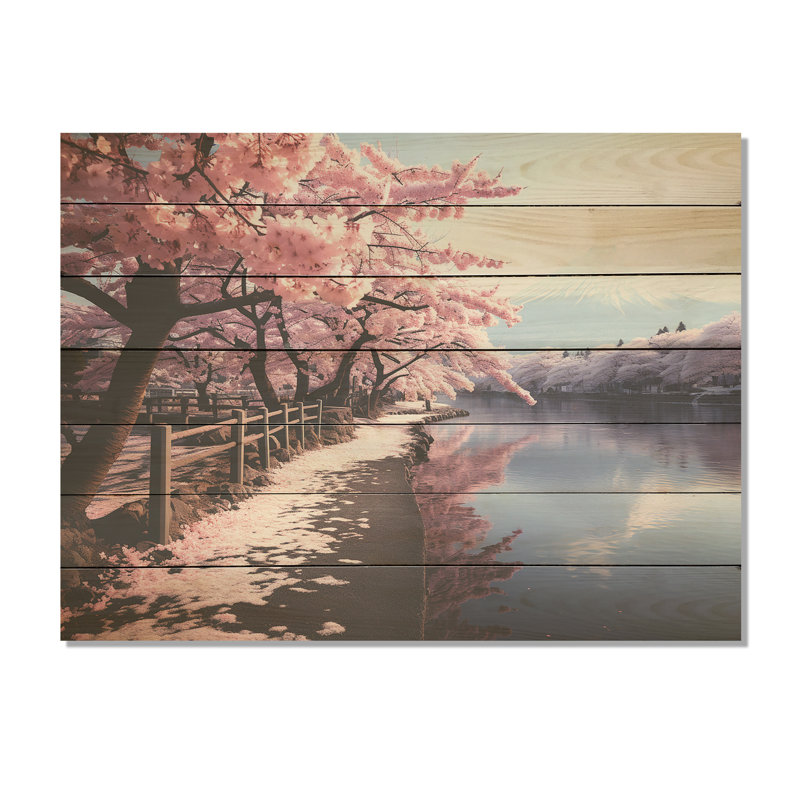 «Cherry Blossum», mont Fuji, reflet du Japon III - montagnes sur bois, H 10 po x l 20 po