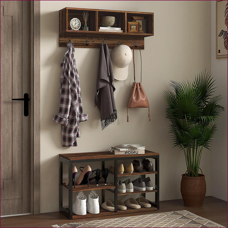 Portemanteau & amp; Banc à chaussures, 5 crochets avec rangement pour 10 chaussures, aspect bois | Brun | Acier