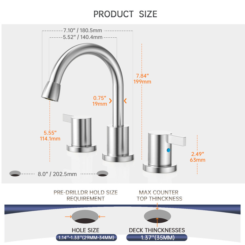 Pull Down Sprayer Bathroom Sink Faucet, 2 Handles 3 Hole Widespread Pull Out Bathroom Faucet,With Pop Up Drain And Water Supply Line