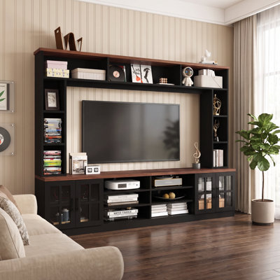Meuble télé mural de 243 cm de large avec étagères pour téléviseurs jusqu'à 203 cm, meuble télé moderne avec placards, portes en verre trempé et étagères ajustables pour salon