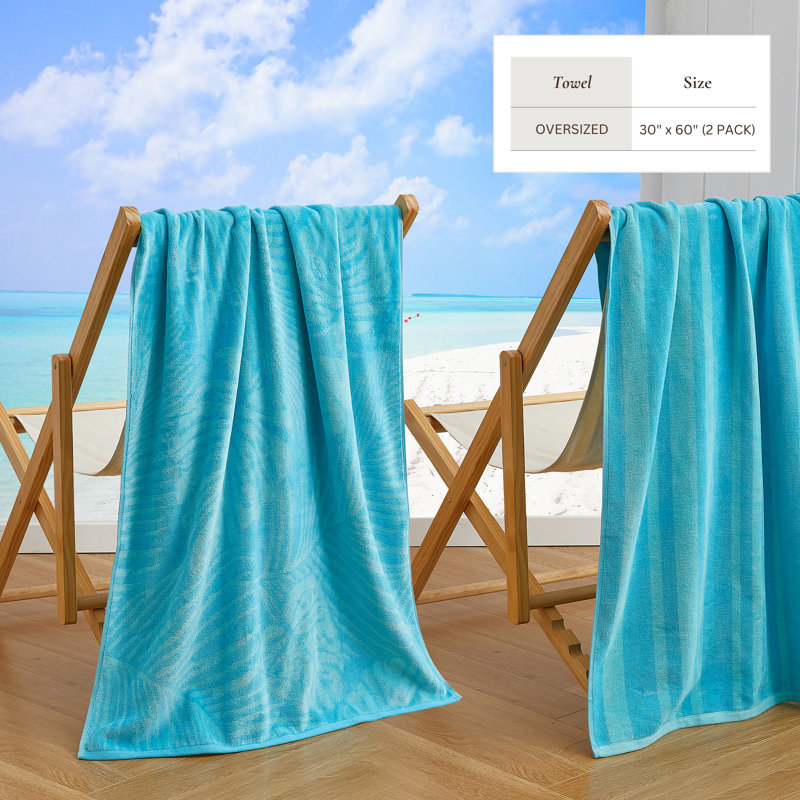 Serviettes de plage 100% jacquard 100% coton, Turquoise / feuille de palmier et rayures bleu sar