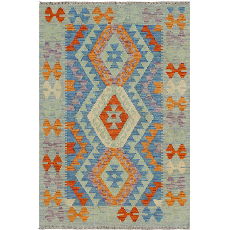 Tapis bleu / rouille / orange en laine tissé à la main à motif géométrique rectangulaire 2 pi 9 po x 4 pi 1 po Kemaj