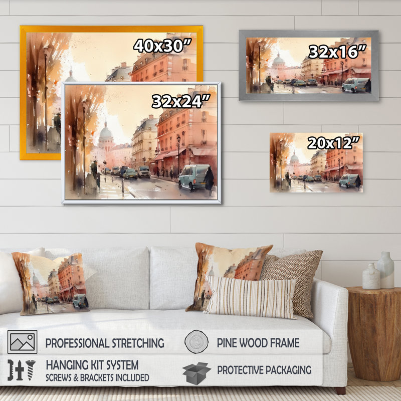 Aquarelle de Paris, France III - impression, H 30 po x l 40 po x P 1,5 po, Cadre flottant doré