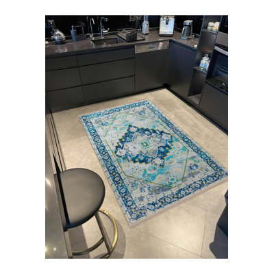 Tapis bleu lavable décoratif floral