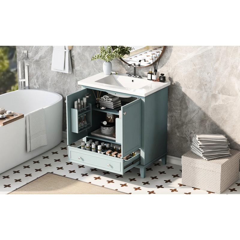 Meuble-lavabo de 30 po avec lavabo encastré, armoire multifonctionnelle à deux portes et un tiroir, finition peinte, meuble de rangement central encastré en peuplier massif de 30 po, bois d'hévéa, finition