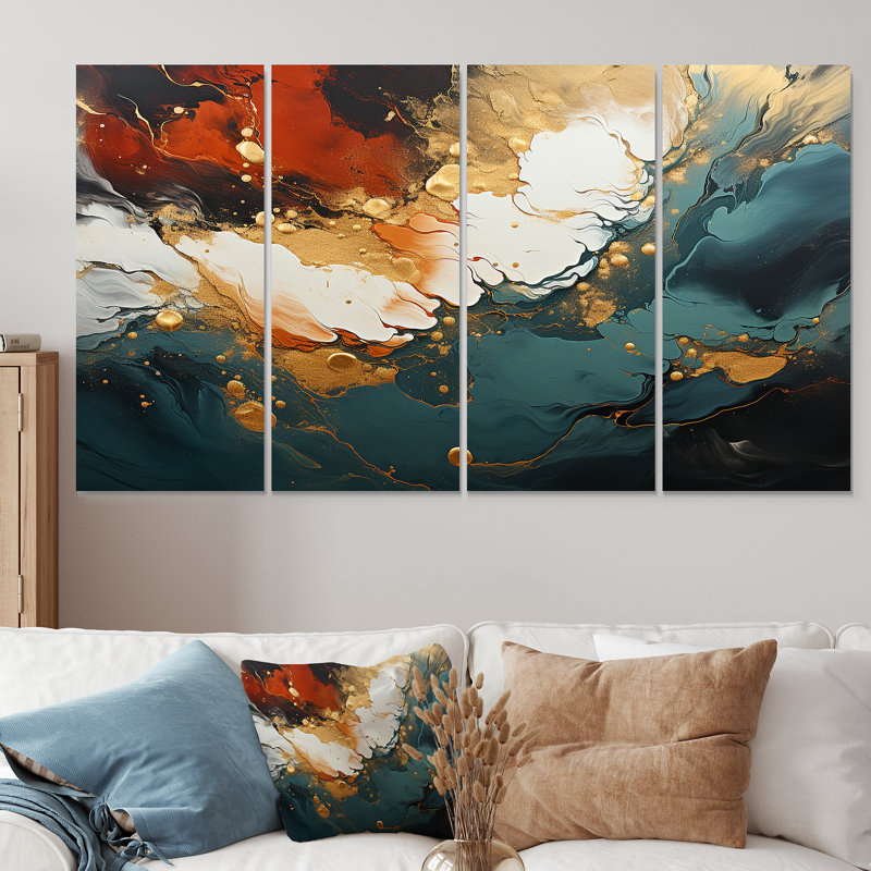 «Orange and Gold Ripple Waves Melody I», ensemble de 4 peintures murales abstraites, H 28 po x l 48 po