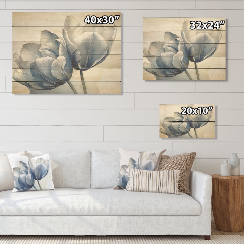 Superbe art mural sur bois de pin naturel saphir - tulipes, H 30 po x l 40 po