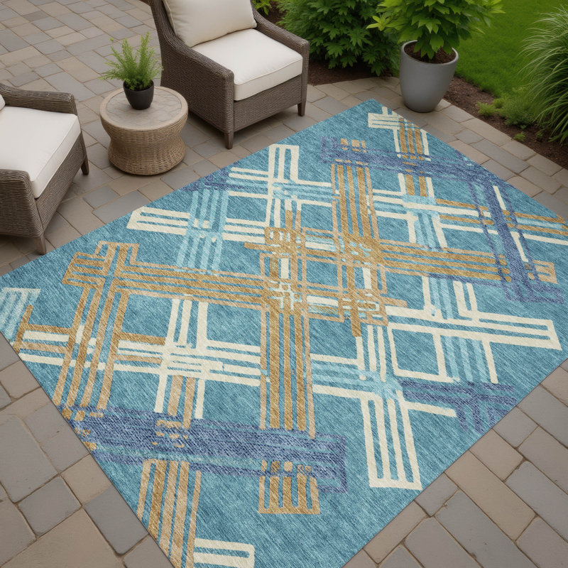 Machine Washable Indoor/Outdoor Chantille ACN2452 Geometric Rug, Teal, 9' x 12'