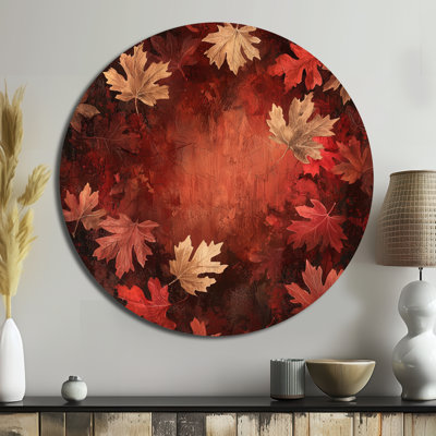 Red Falling Maple Leaves I - Leaves Round Metal Print, Traditional Red Metal Wall Art