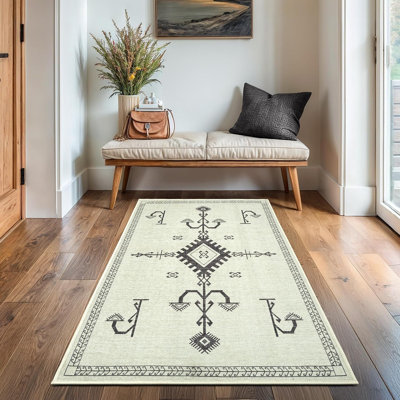 GLN Rugs Bohemian Collection - Machine Washable Area Rug, Bohemian Vintage Washable Rug, Non Slip Area Rug, Low Pile Chenille Living Room Rug, Bedroom Rug, Bathroom Rug (Beige Rug)