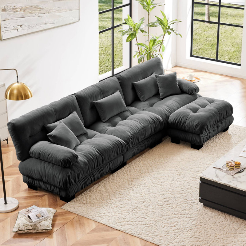 Canapé modulaire convertible en L en chenille avec repose-pieds, Grey, 35.4" H x 133.8" W x 59.6" D