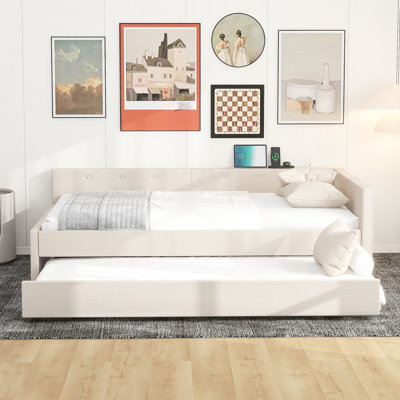 Upholstered Platform Bed In Beige With And Twin Size Trundle - Strong Construction, No Box Spring For A Neat Bedroom Space Stylish & Modern Style