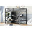 Lit mezzanine double gris avec bureau intégré et tablettes multifonctionnelles, base en bois de pin, structure sans poupée