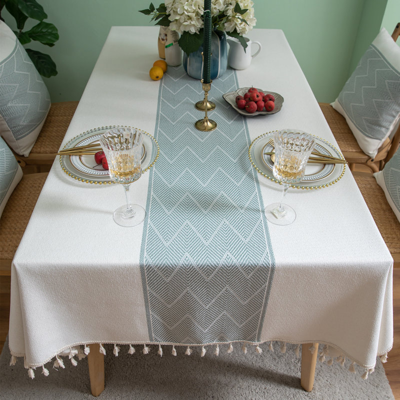 High Quality Rectangle Cotton And Linen Tablecloth With Tassels, White