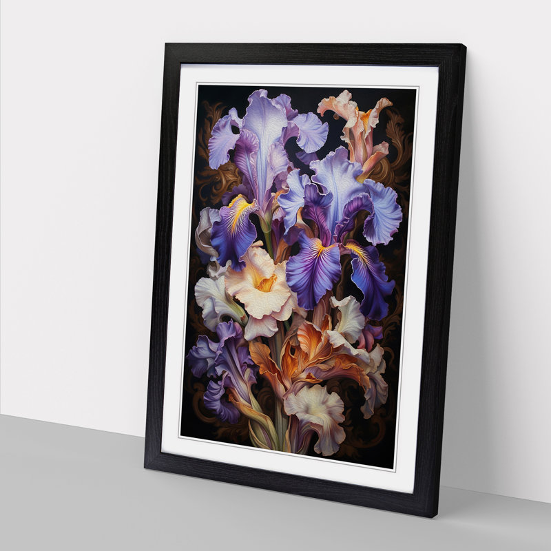 Iris Flower Rococo Framed Print, 64cm H x 46cm W x 2cm D, Black Framed