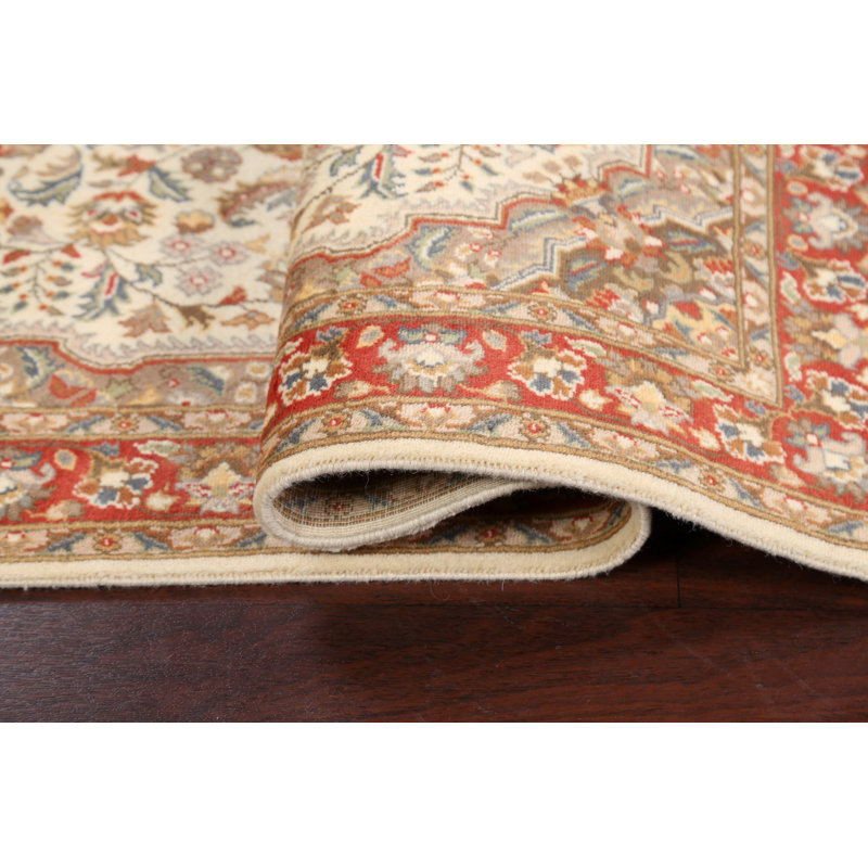 Tapis beige / ivoire en laine noué à la main de conception unique 3 pi 2 po x 5 pi 6 po New Age