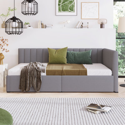 Twin Bed Frame With 2 Storage Drawers In Linen - Upholstered Daybed, , No Box Spring For Neat Space Compartments Organized Home Decor