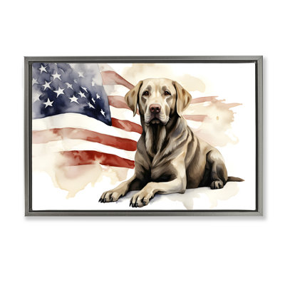 Patriotic Dog with Flag Gold Framed Floater Canvas by Petal Prints Design