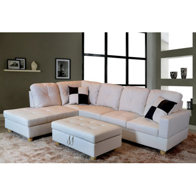  Betson 103.5" Wide White Sofa & Chaise with Ottoman Left Hand Facing L Shaped Sofa