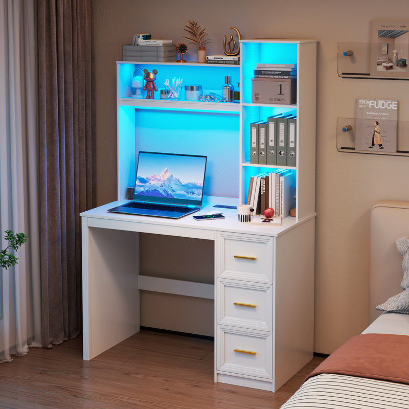 3-Drawer Computer Desk with Bookshelves and LED Lighting, White
