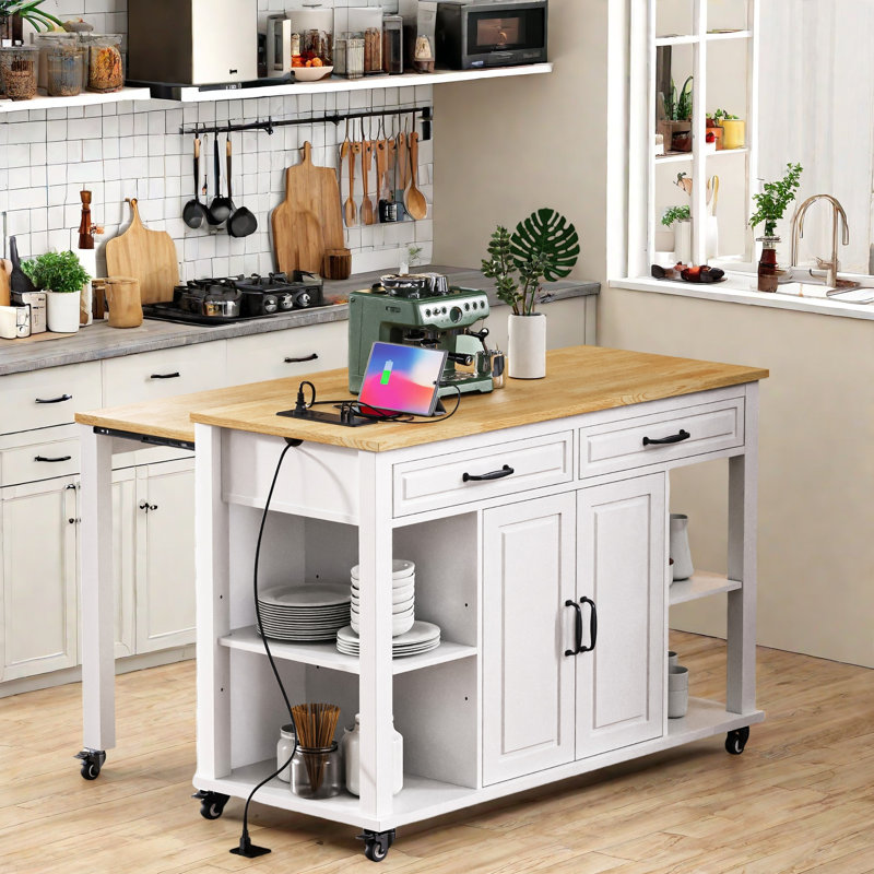 Îlot de cuisine avec table de salle à manger extensible, support de rangement interne, prise de courant, 2 tiroirs, 2 armoires et tablettes ouvertes