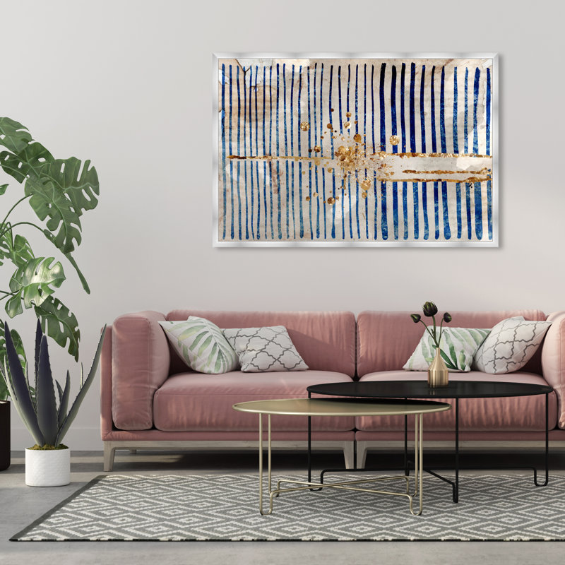 «Blue and Gold Abstract Lines» par Oliver Gal - reproduction imprimée, L 56 po x H 38 po, Argent