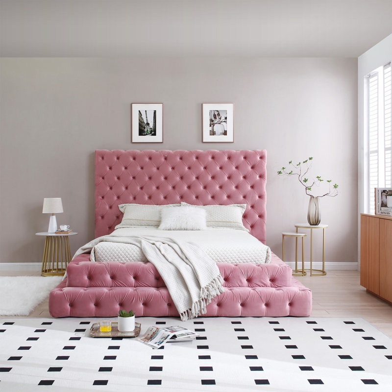 Elen Tufted Velvet Bed, Queen, Pink
