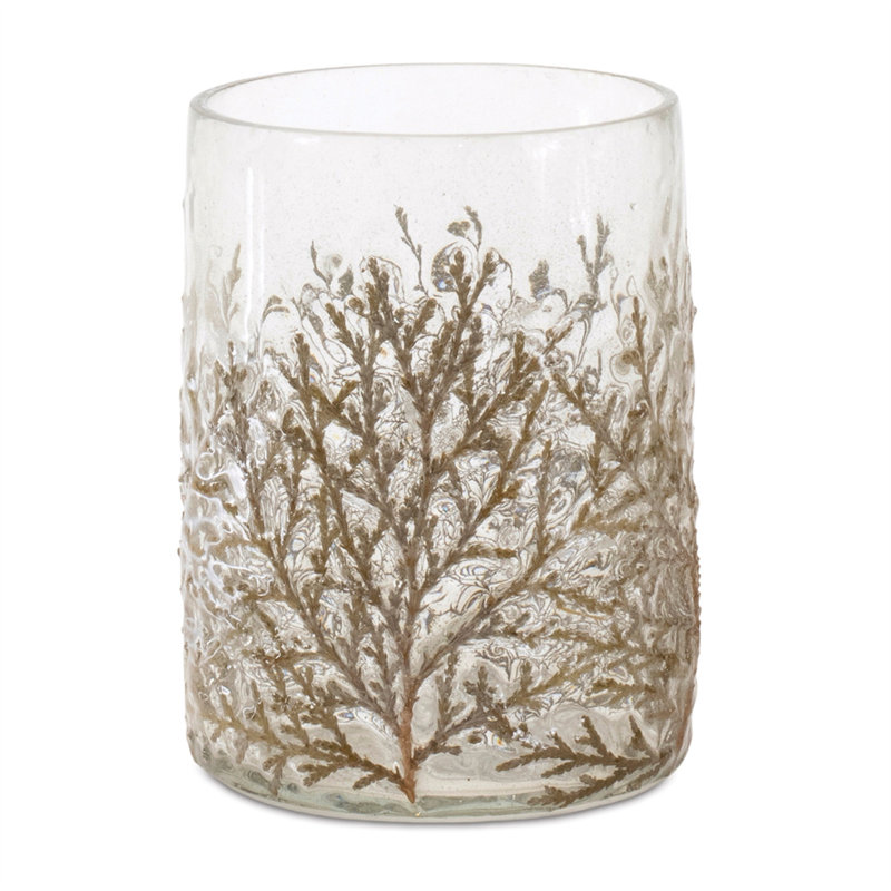 Ensemble de trois porte-bougies de table en verre à feuilles botaniques brunes et transparentes