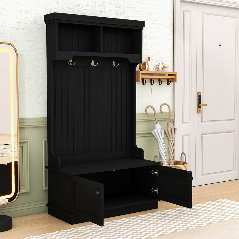 Multifunctional Hall Tree with Built-In Seating Bench, Cabinet and 3 Hooks, Black
