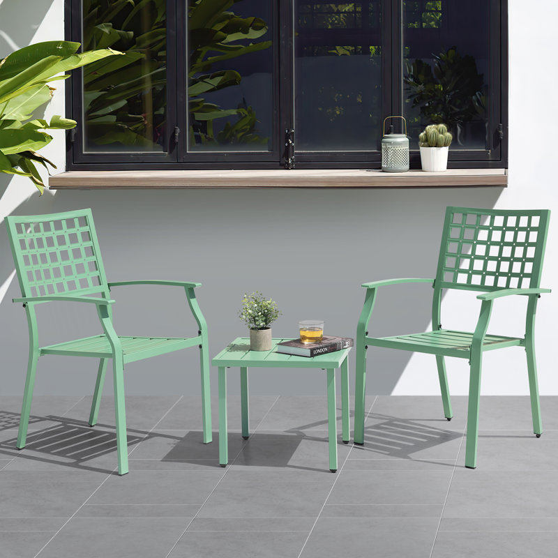 3-piece Metal Patio Bistro Set With Stackable Chairs And Square Side Table