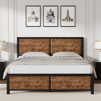 Structure de lit Kempst en métal noir avec tête et pied de lit en bois, lit plateforme rustique avec support à lattes en acier robuste, aucun sommier requis