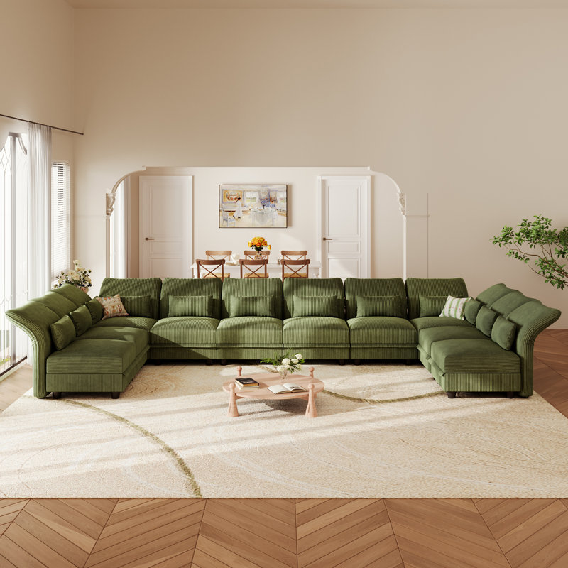 U-Shaped Upholstered Modular Sectional Sofa With Storage, 10 Seat  Corduroy  Couche With Adjustable Arms Backs,Plush Supportive Cushions, Green