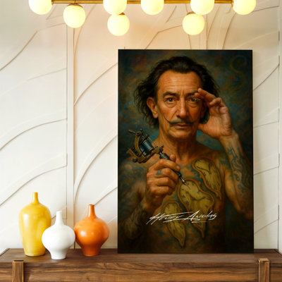 Surreal Portrait Tattooed Man Mustache Holding Tattoo Machine Print Canvas Wall Art Print, Living Room Bedroom Office Hallway Decor, Modern Surreal Gallery Wall Accent for Apartment Loft Entryway Home
