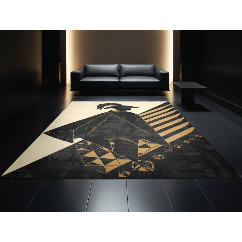 Soft Plush Duran Musketeer Retro Geometric Area Rug in Black – Black Binding, 5x7