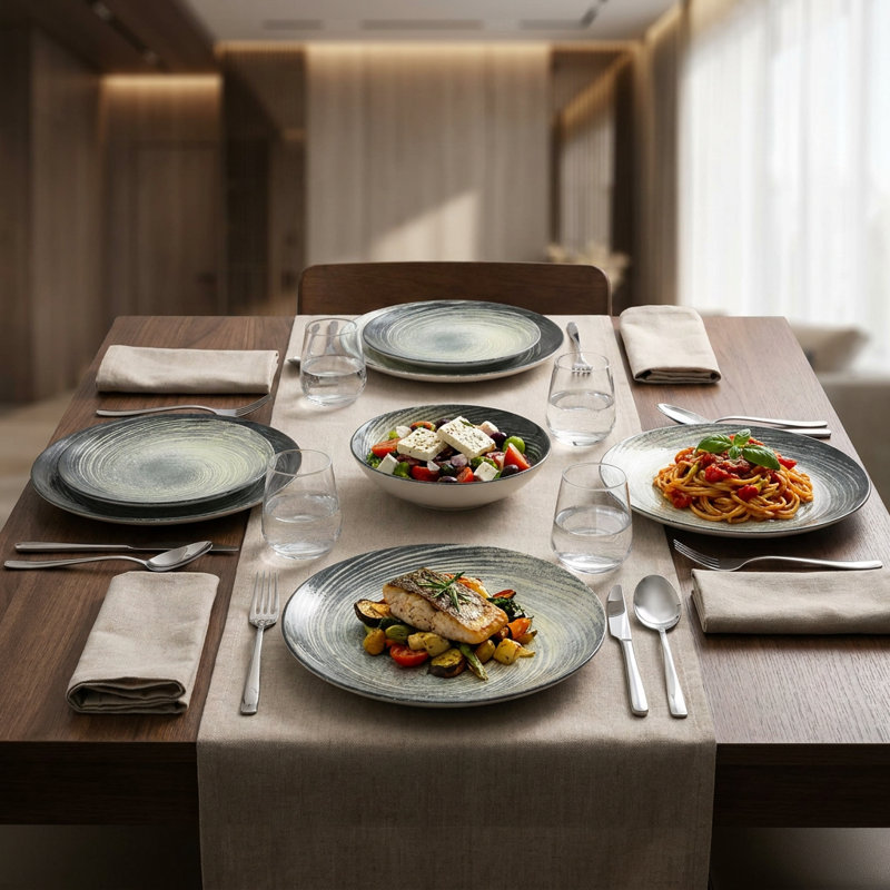 Vortex Graphite & Cream Bone Porcelain Dinnerware Set (24-Piece Service for 6)