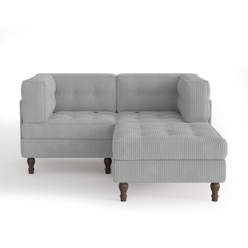 3 - Piece Upholstered Light Gray Tufted Corduroy Modular Sectional with Pillow and Removable Flip-Tray Top Storage Ottoman