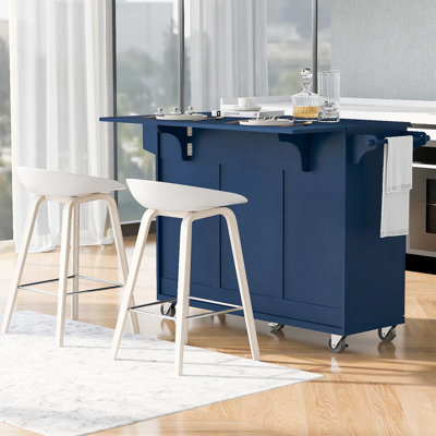 Îlot de cuisine de 53,2 po avec abattant, chariot de rangement de cuisine avec support à épices, porte-serviettes et 2 tiroirs, îlot de cuisine sur roulettes avec tablettes réglables pour la cuisine et la salle à manger - bleu