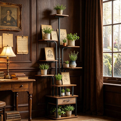 Grand support à plante à 8 niveaux avec lumières de culture et tiroir de rangement, étagère à plantes d'intérieur en métal à plusieurs niveaux pour le salon, la chambre à coucher et le balcon