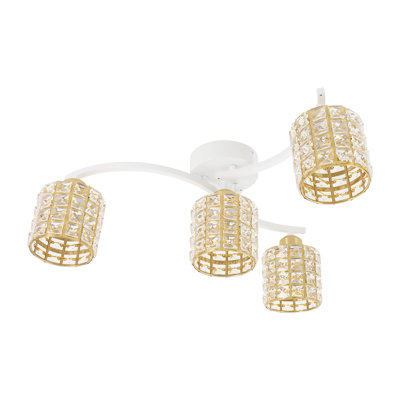 Modern K9 Crystal Ceiling Light 4‑Light E26 Ceiling Mount Light Fixture (Bulbs Not Included) Max 60W Flush Ceiling Lamp for Bedroom Kitchen Living Room Gold & White Finish