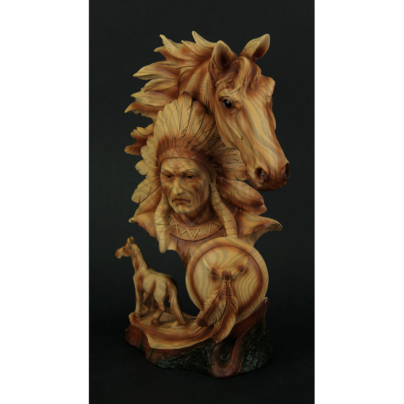 Buste de chef amérindien et de cheval en résine beige du Sud-Ouest, aspect bois, 29 cm de hauteur
