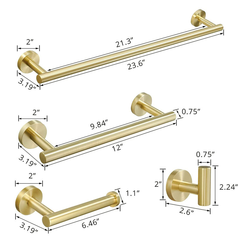 Ensemble de quincaillerie de salle de bain murale en acier inoxydable 4 pièces Topcraft, Or brossé