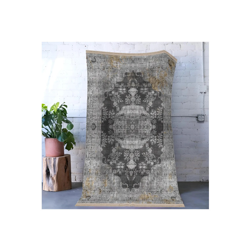 Tapis décoratif gris à motifs traditionnels, Tapis de couloir 3 pi 3,37 po x 6 pi 6,74 po