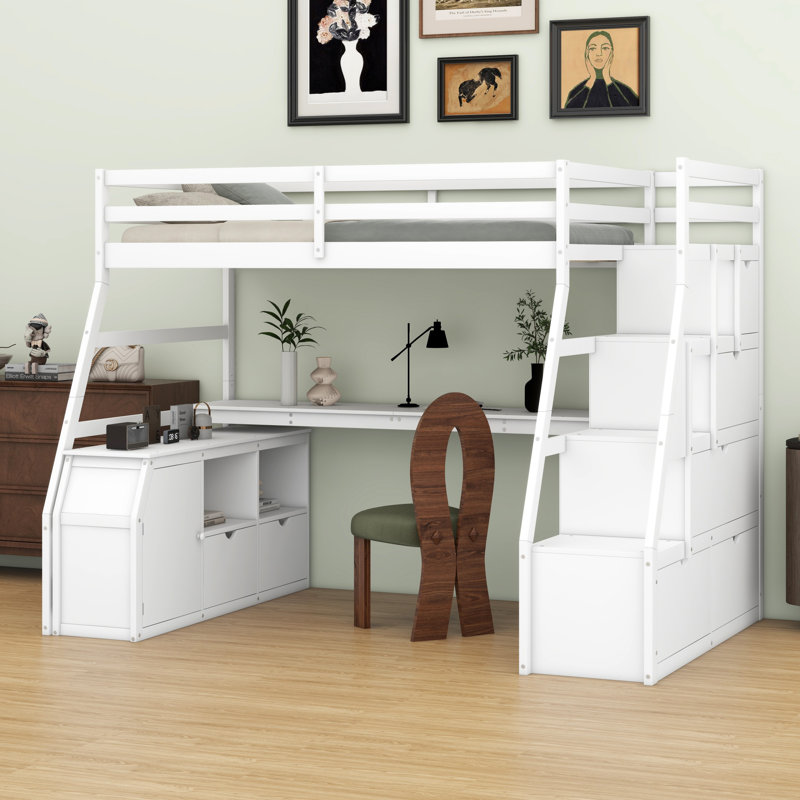 Lit mezzanine avec tiroirs, tablettes et bureau, blanc