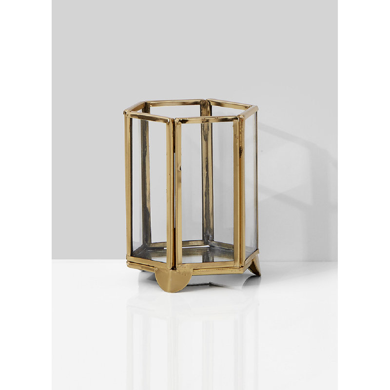 Petite lanterne en verre et métal hexagonale, H 5 po x l 4 po x P 4 po