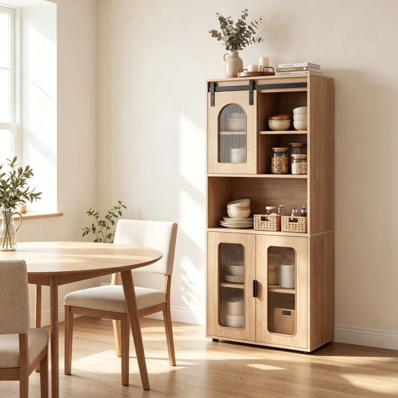 Tall Kitchen Storage Cabinet 150cm, Freestanding Pantry Cupboard with Sliding Barn Door, Open Shelves and Enclosed Storage